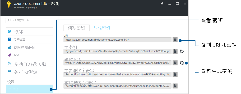 Azure 门户中的访问控制，演示了 NoSQL 数据库安全性。