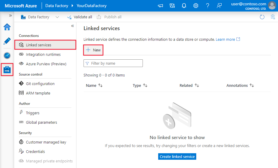 Screenshot of creating a new linked service with Azure Data Factory UI.