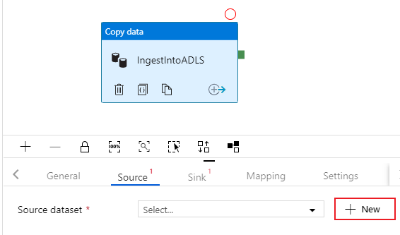 Screenshot from the Azure portal of creating a new dataset in the Copy Data source option.