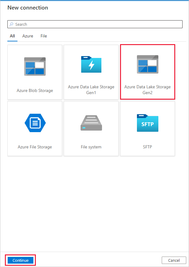 Screenshot showing the page of selecting the Azure Data Lake Storage Gen2 connection.