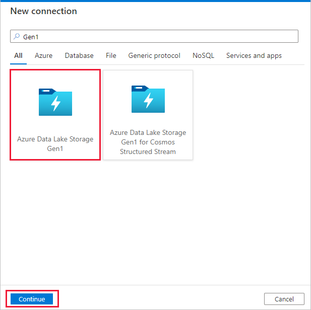 Screenshot showing the page of selecting the Azure Data Lake Storage Gen1 connection.