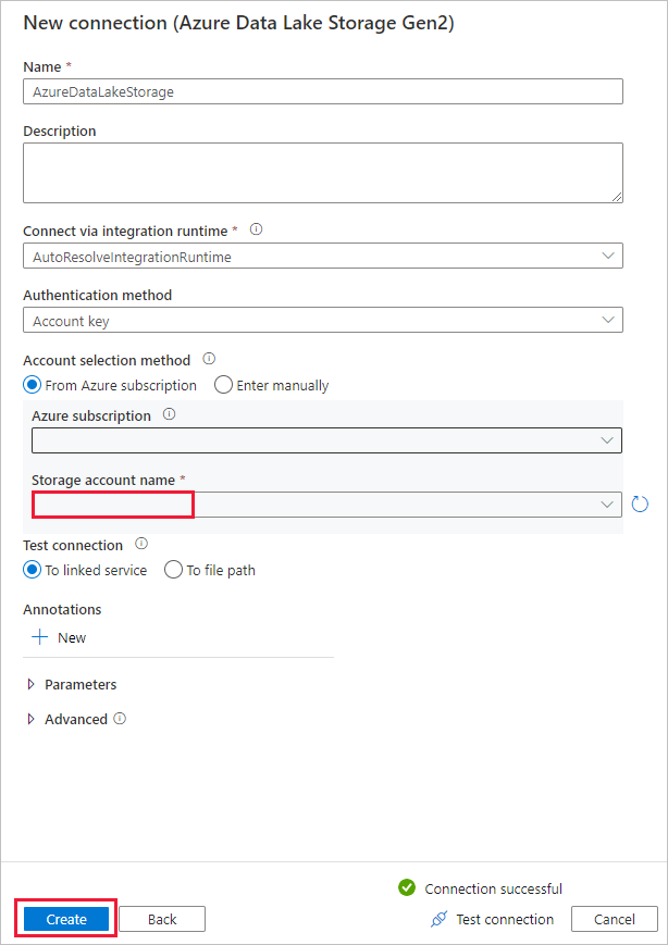 Screenshot showing the configuration of the Azure Data Lake Storage Gen2 connection.
