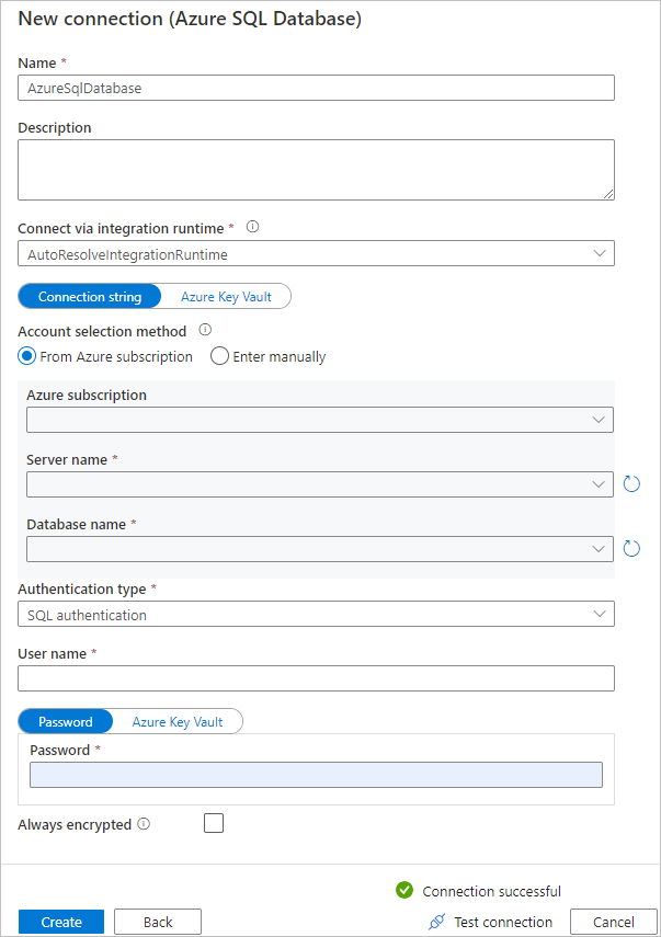 Screenshot of the Configure Azure SQL Database page.