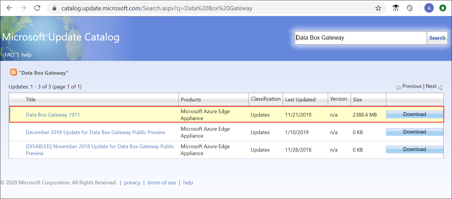 Screenshot of the Microsoft Update Catalog in a browser window with Data Box Gateway search results displayed and called out.
