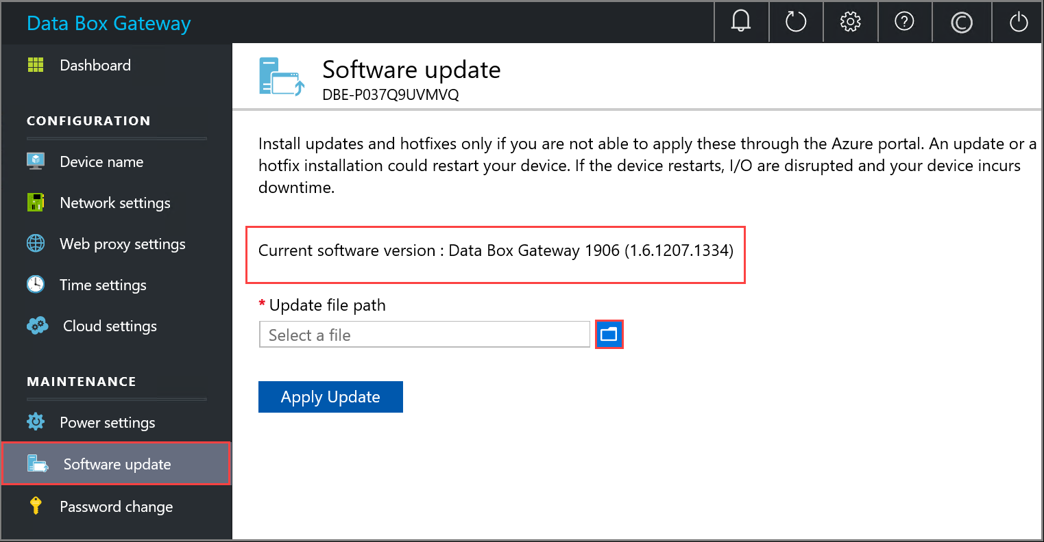Screenshot of the Data Box Gateway local web U I with the Software update option and the Current software version message called out.