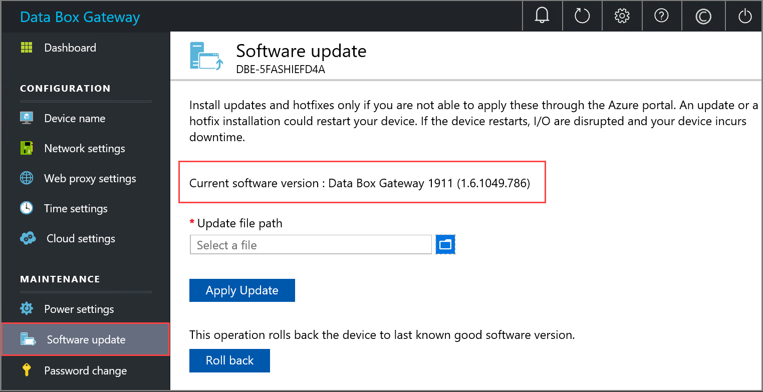 Screenshot of the Data Box Gateway local web U I with the Software update option and the updated Current software version message called out.