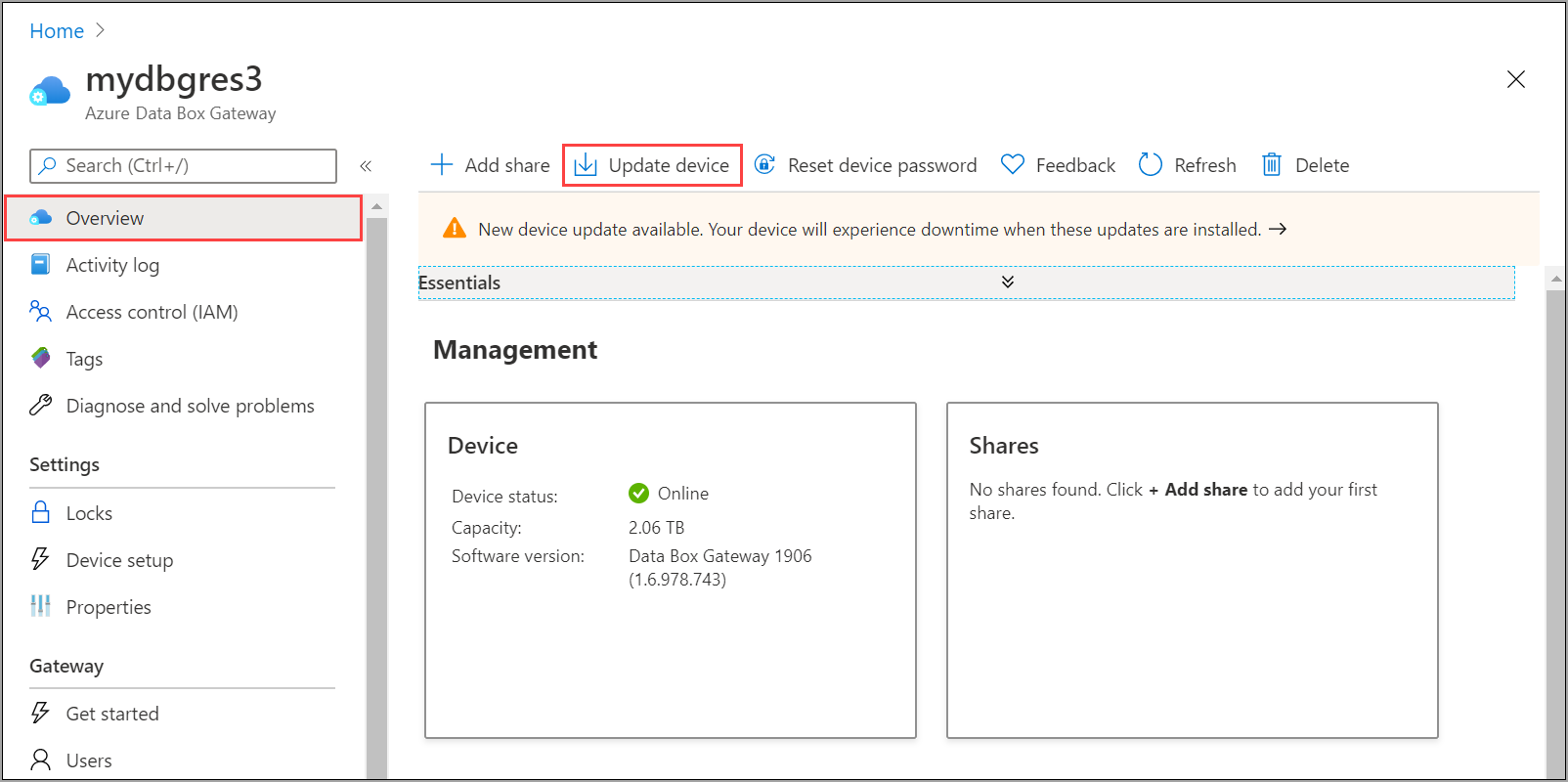 Screenshot of the Azure Data Box Gateway Home page with the Overview and Update device options called out.