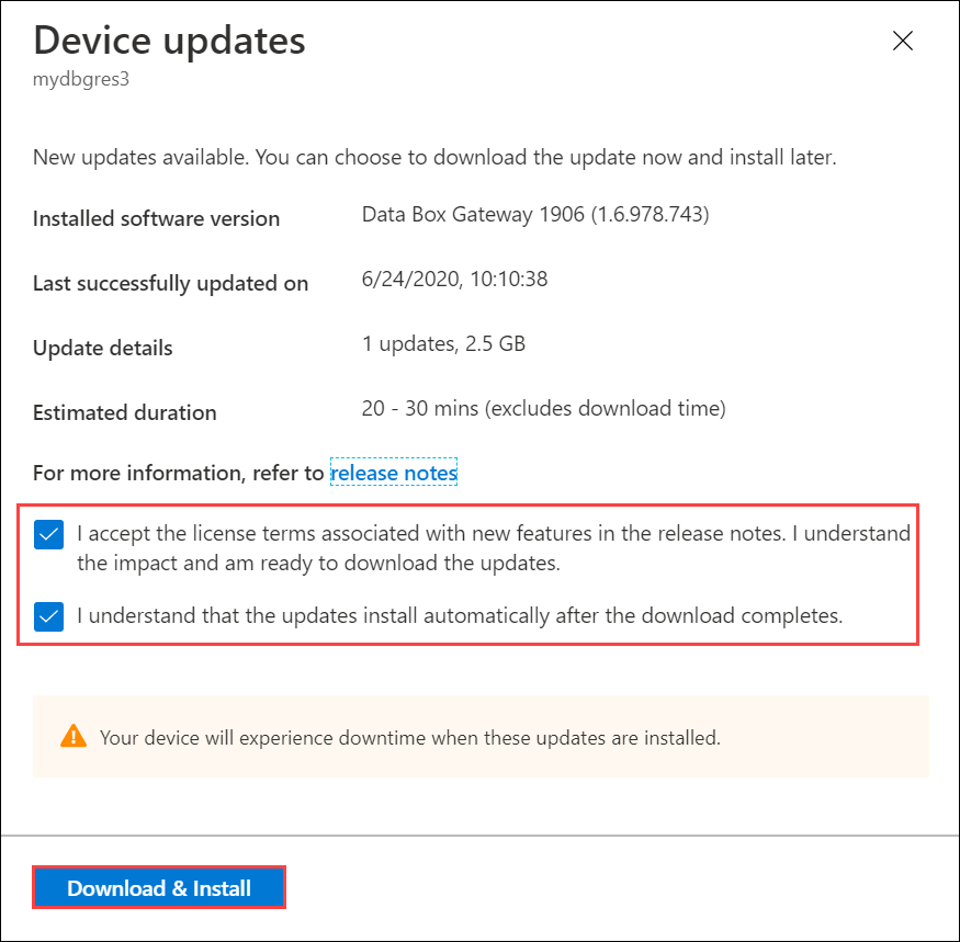 Screenshot of the Device updates dialog box with the Accept and Understand options and the Download and install option called out.