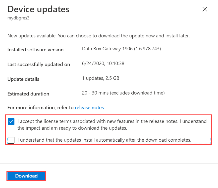 Screenshot of the Device updates dialog box with the Accept option and the Download option called out.