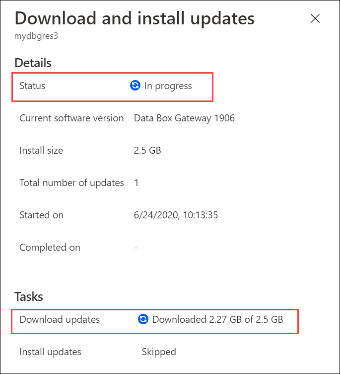 Screenshot of the Download and install updates dialog box with the Status: In progress message and the Download updates message called out.