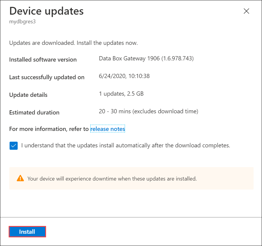 Screenshot of the Device updates dialog box with the Install option called out.