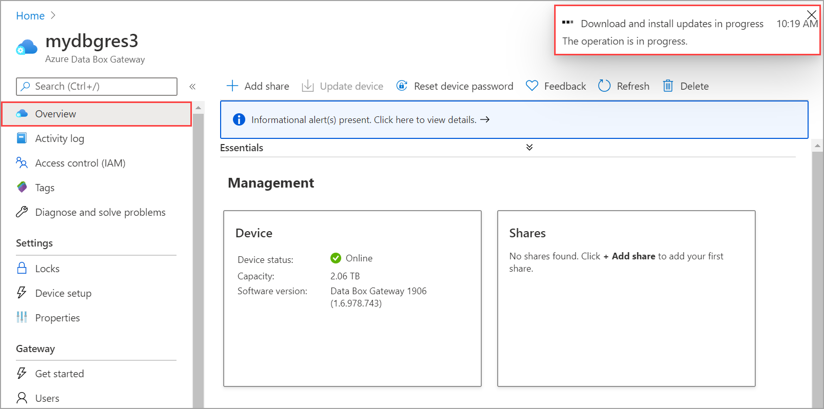 Screenshot of the Azure Data Box Gateway Home page with the Overview option and the Download and install progress message called out.