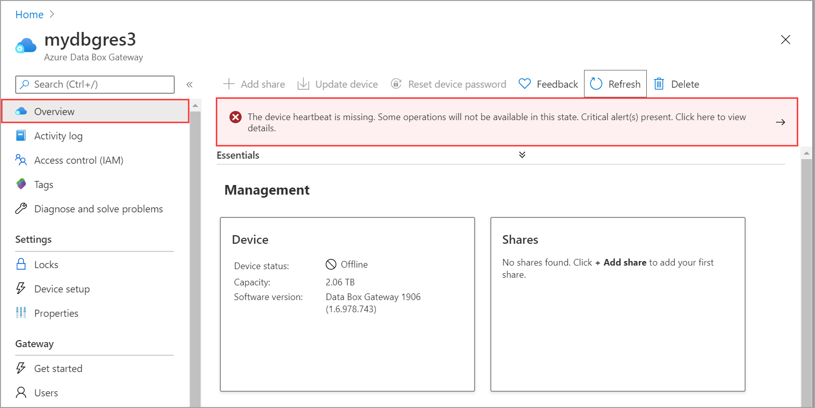 Screenshot of the Azure Data Box Gateway Home page with the Overview option and the critical alert notification banner called out.