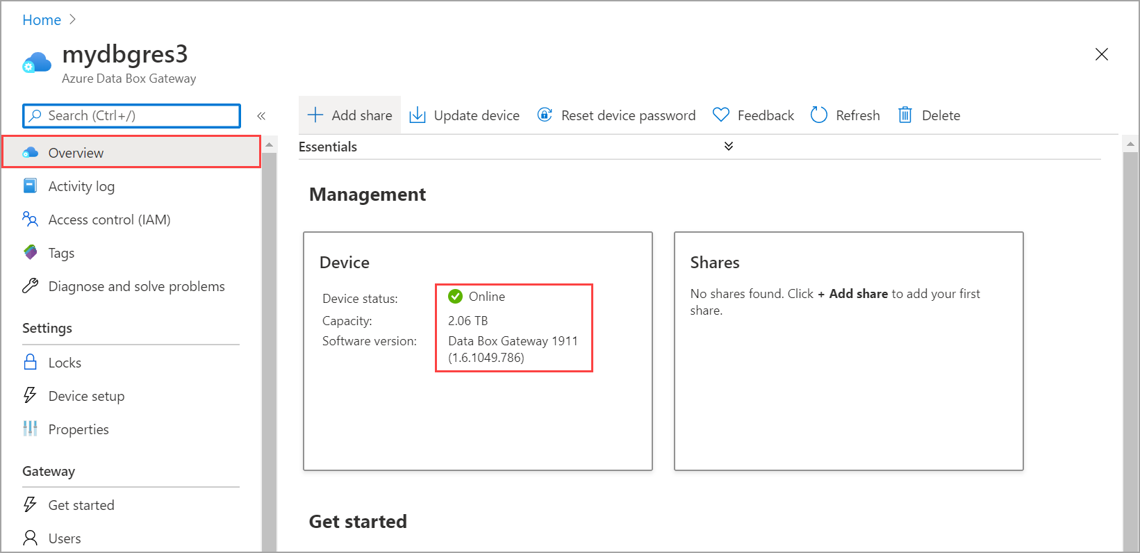 Screenshot of the Azure Data Box Gateway Home page with the Overview option and the Online status called out.