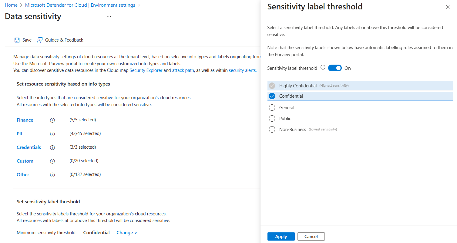 Screenshot of the data sensitivity page, showing the sensitivity label threshold.