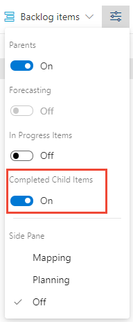 View options selector, Completed child items control