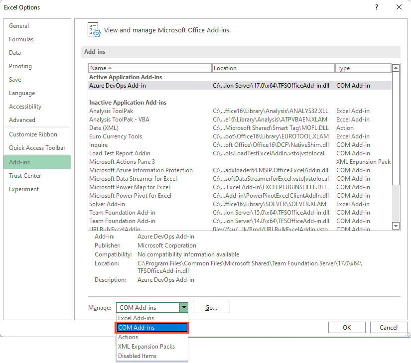 Excel 选项、加载项、选择 COM 加载项的屏幕截图。