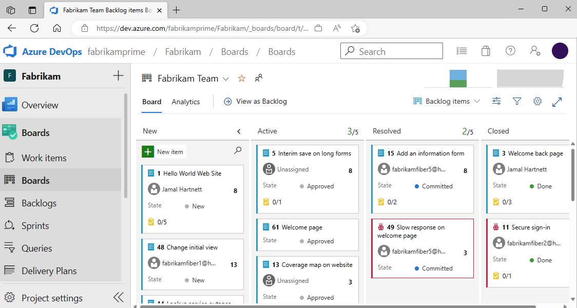 Screenshot of Azure Boards Hub Pages, Kanban Board