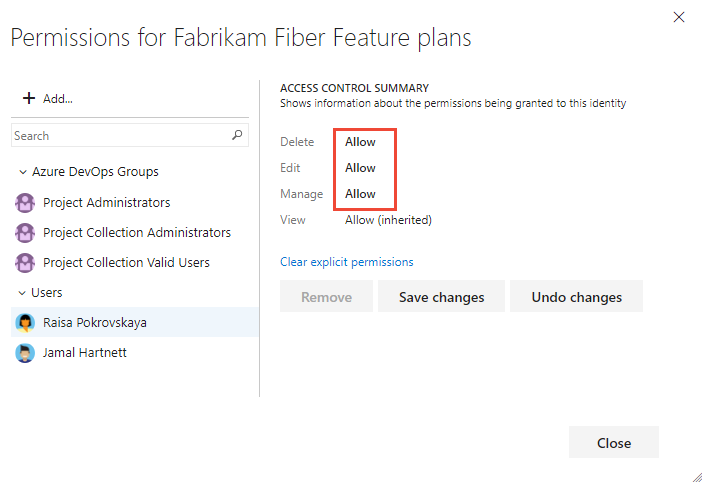Permissions dialog for a delivery plan