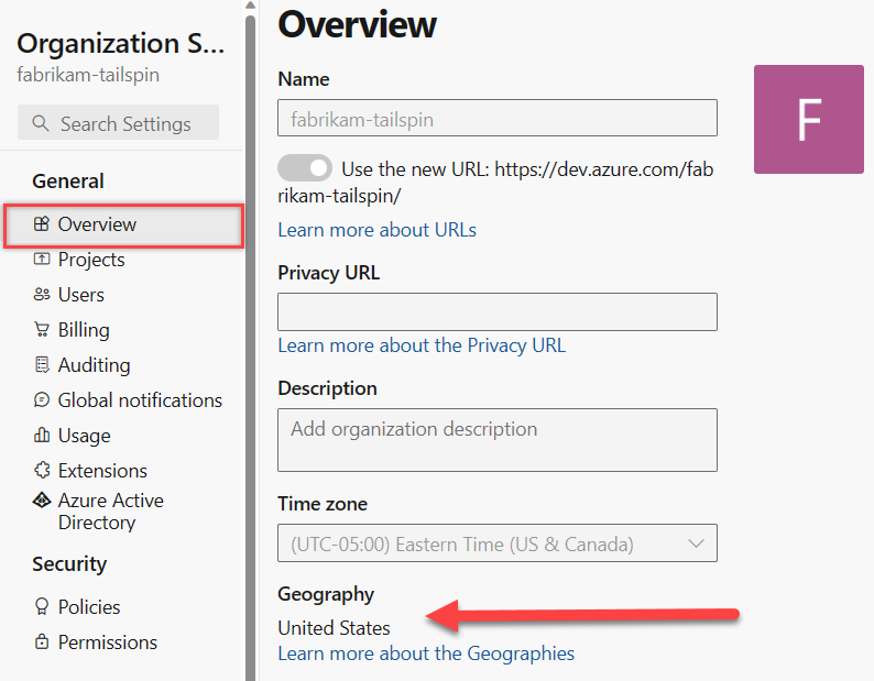 Screenshot showing the geography in Organization settings.