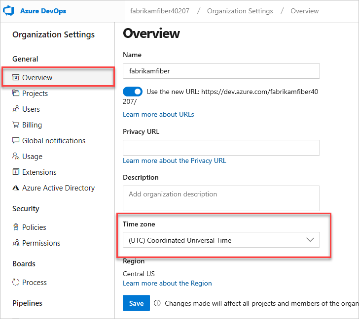 Select time zone in Overview tab or Organization settings