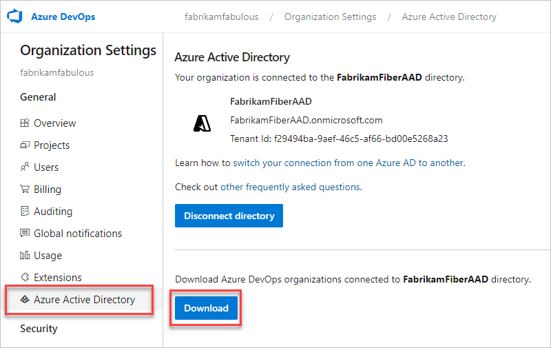 选择 Azure Active Directory，然后选择“下载”