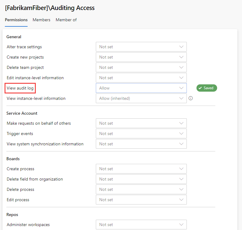Screenshot of Auditing access permission current view.