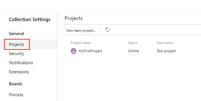 Select Admin settings and then choose Projects.
