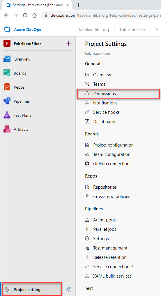 Choose Project settings, and then Permissions