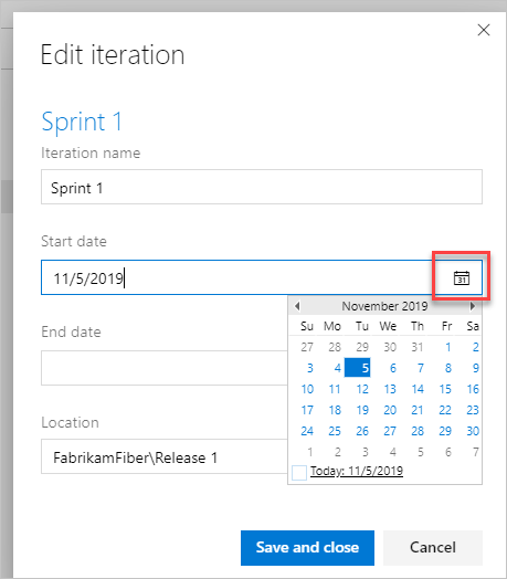 Screenshot of Work, Iterations page, and calendar icon for selecting new dates for Azure DevOps 2020 and on.