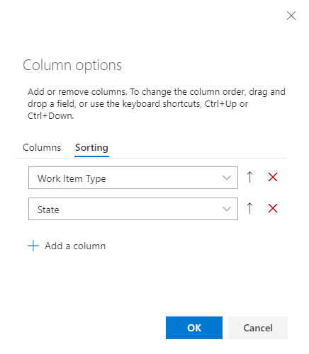 Column options dialog, sort tab