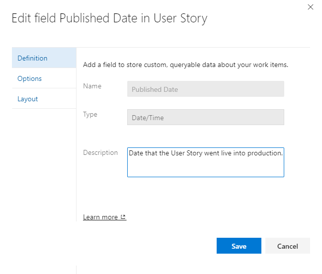 Edit field dialog, User Story, Published custom field.