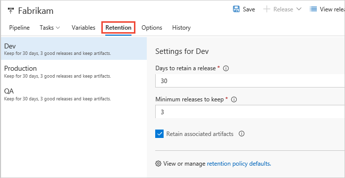 Configuring the release retention setting for a release pipeline