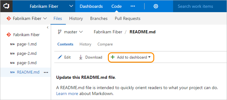 Web portal, Code, README file, Add Markdown page to a dashboard