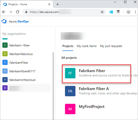 Screenshot of sign-in to Azure DevOps, and selected project.