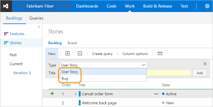 This screen shows how to add bugs from the product backlog page.