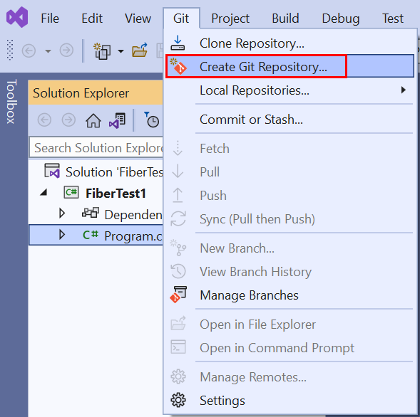 Visual Studio 2019 的菜单栏中 Git 菜单上的“创建 Git 存储库”选项的屏幕截图。
