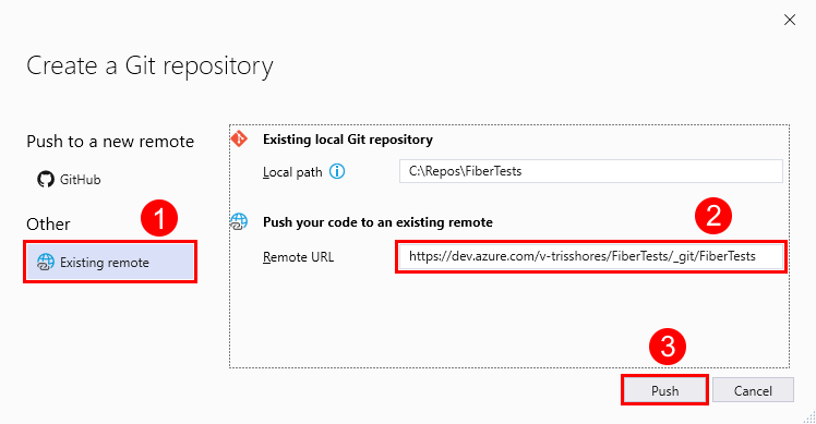 Visual Studio 2019 中“创建 Git 存储库”窗口的屏幕截图，其中包含空 Azure 存储库的 URL。