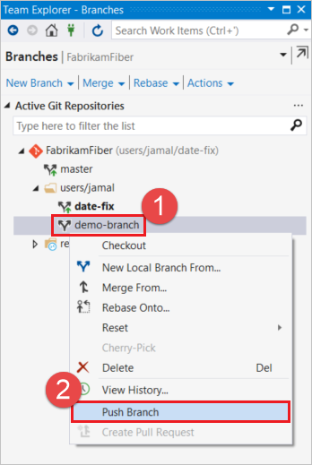 在 Visual Studio 中从标签推送新分支。
