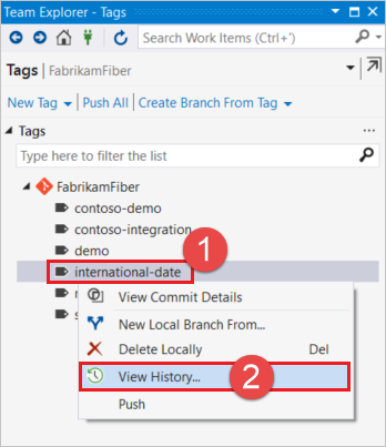 在 Visual Studio 中查看标签历史记录。