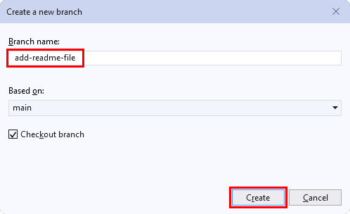 Screenshot of the 'Create a new branch' window in Visual Studio 2019.