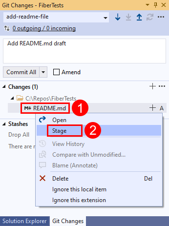 Screenshot of the Stage option in the 'Git Changes' window in Visual Studio 2019.