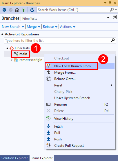 Screenshot of the 'New Local Branch From' menu option in the context menu of the main branch in Visual Studio 2019.