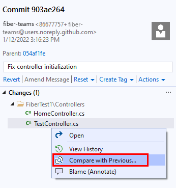 Screenshot of the 'Compare with Previous' option in the Commit pane in Visual Studio 2019.
