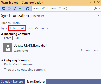 Screenshot of the Pull link in the Synchronization view of Team Explorer in Visual Studio 2019.