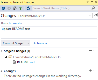 Committing changes to a Git branch in Visual Studio