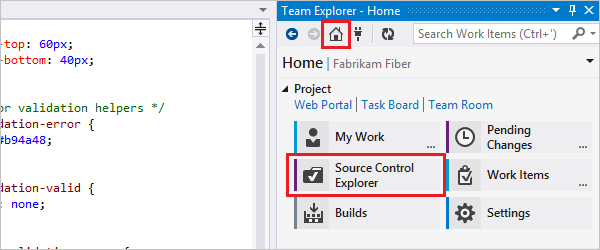 Screenshot shows Source Control Explorer in the Team Explorer Home page.