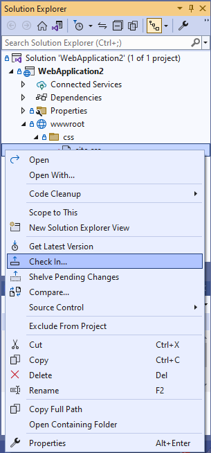 Screenshot shows the Check in option in the Solution Explorer context menu.