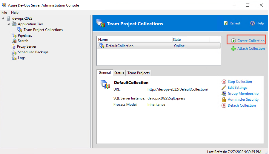 管理控制台、团队项目集合节点、创建集合Azure DevOps Server 2022 的屏幕截图。