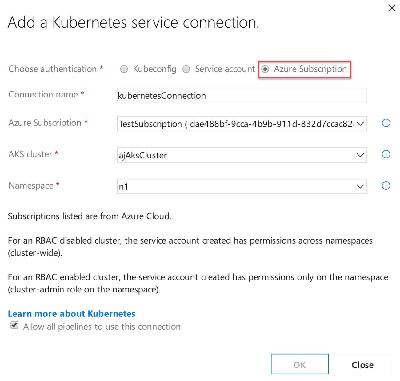 Screenshot of the Add a Kubernetes service connection dialog box with the Azure Subscription option called out.